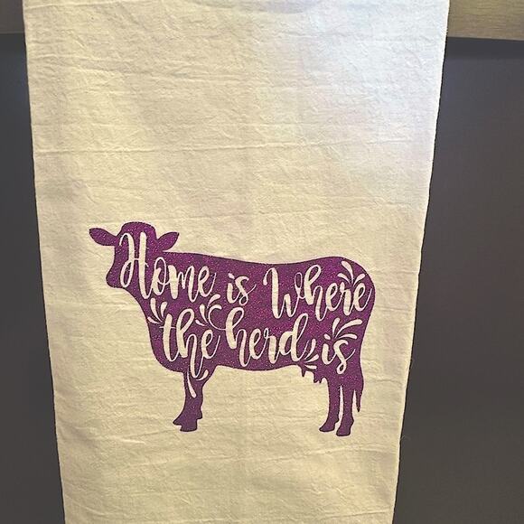 Handmade Custom Flower Sack Towel HTV Purple Cow Home is Where the Herd Is - Picture 2 of 8